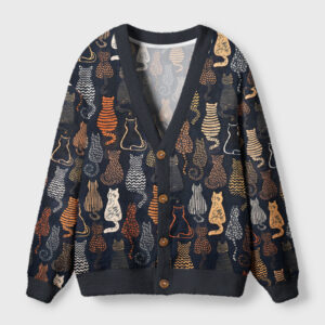 Front view of abstract line art cat cardigan sweater with vibrant cat designs on a navy background.