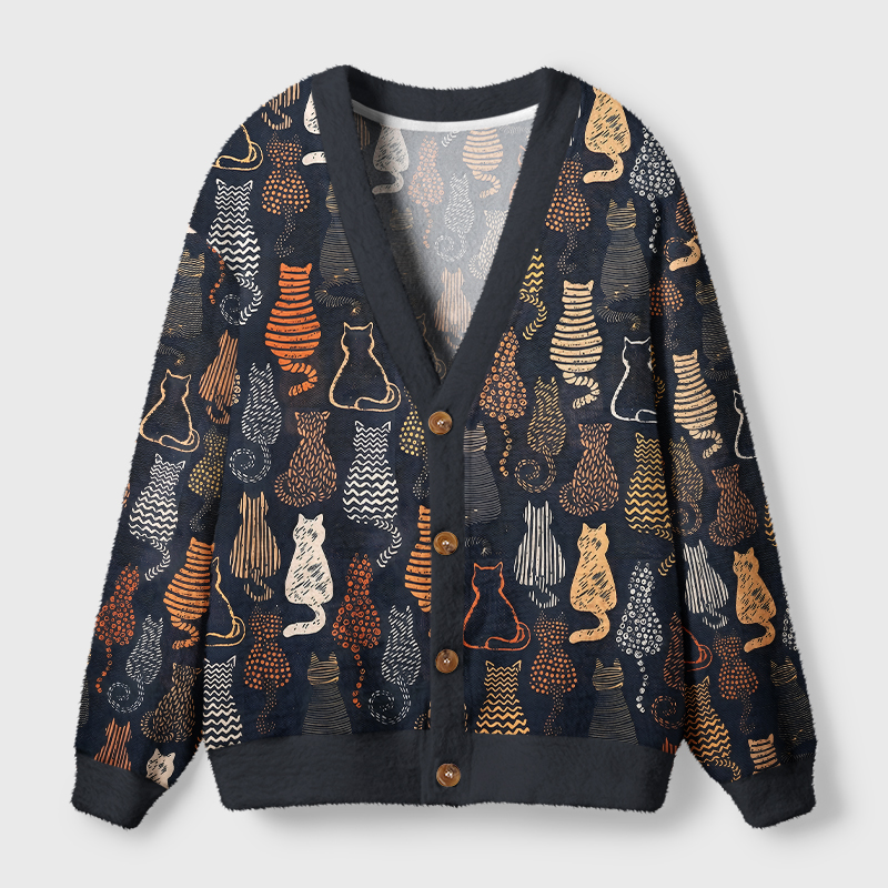 Abstract Line Art Cat Cardigan Sweater Front view of abstract line art cat cardigan sweater with vibrant cat designs on a navy background.