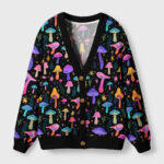 Front view of the magic mushroom cardigan sweater featuring a vibrant psychedelic forest design on a black background.