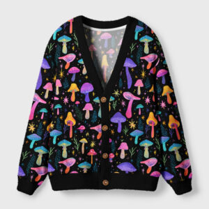 Front view of the magic mushroom cardigan sweater featuring a vibrant psychedelic forest design on a black background.