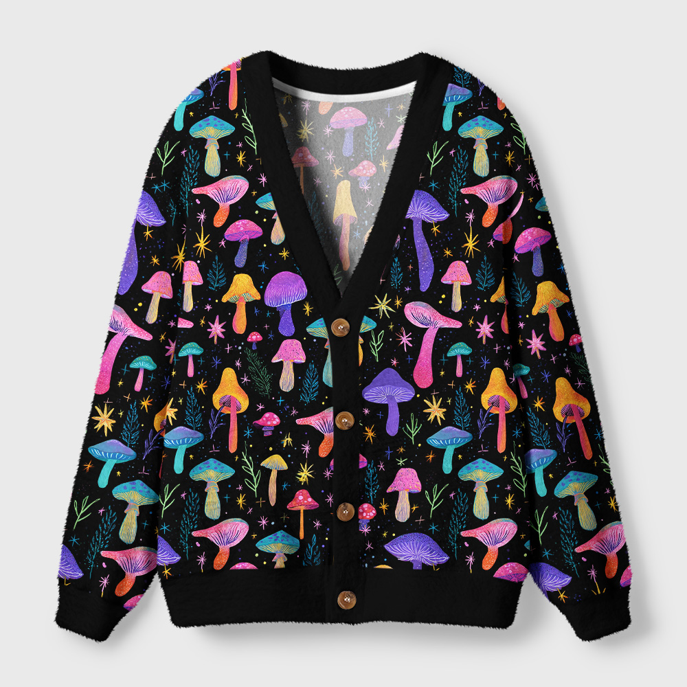 Magic Mushroom Cardigan Sweater | Psychedelic Forest Design Front view of the magic mushroom cardigan sweater featuring a vibrant psychedelic forest design on a black background.