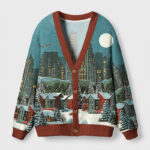 Cozy winter city cardigan sweater in teal with a festive urban landscape, showcasing the front design and buttons.