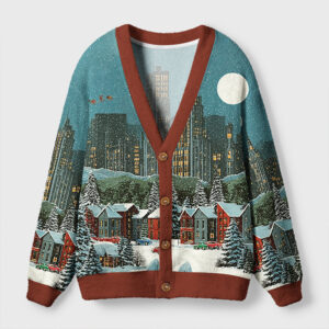 Cozy winter city cardigan sweater in teal with a festive urban landscape, showcasing the front design and buttons.