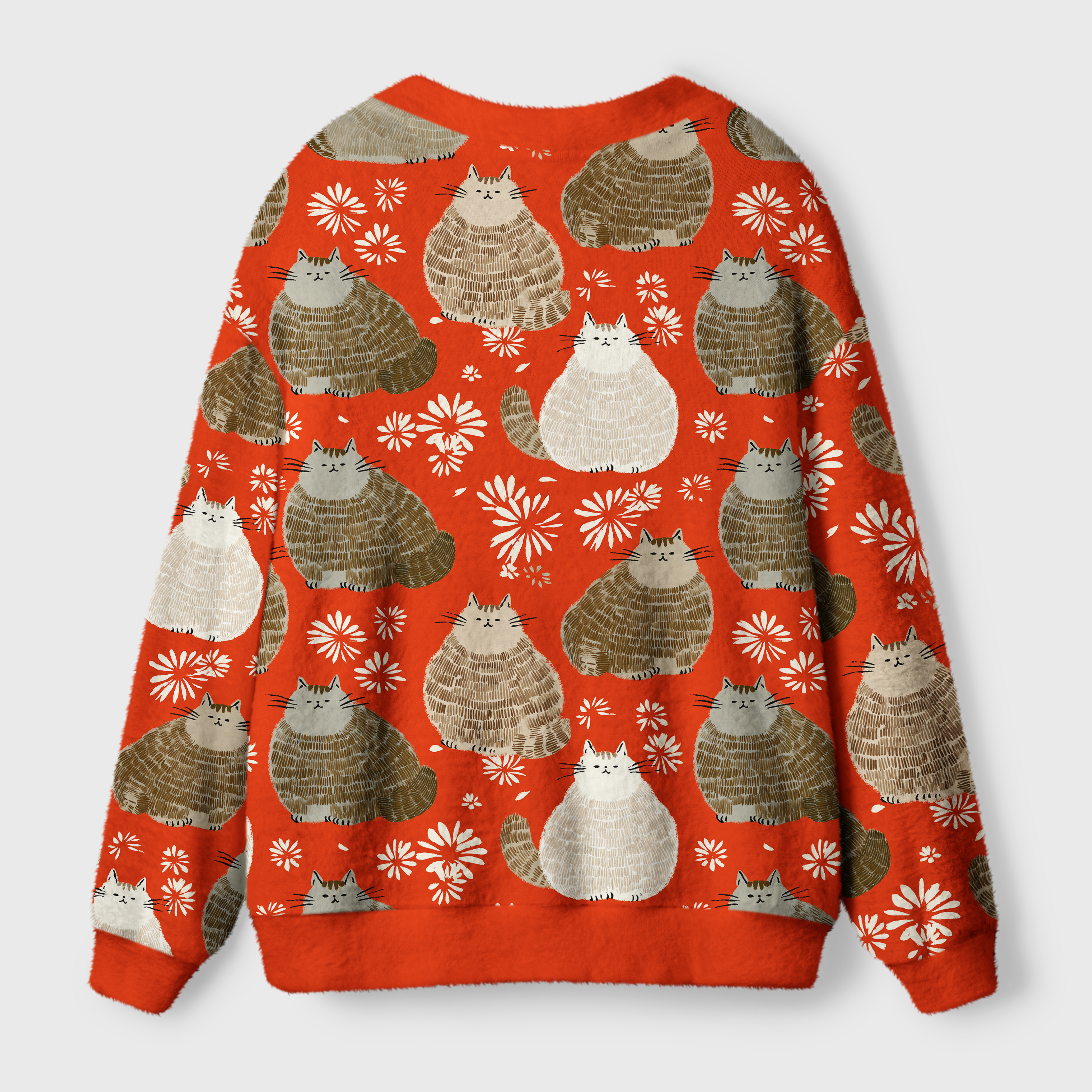Fat Cat Cardigan Sweater | Funny Cat Design Back view of the cozy fat cat cardigan sweater showcasing its warm fabric and detailed cat illustrations.