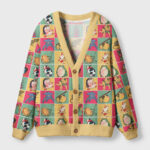 Front view of the ukiyo-e patchwork cardigan sweater showcasing vibrant Japanese art patterns and a cozy fit.