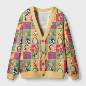 Front view of the ukiyo-e patchwork cardigan sweater showcasing vibrant Japanese art patterns and a cozy fit.