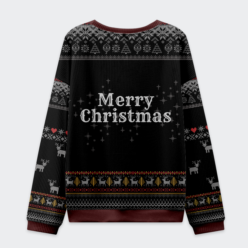 Goose Pulling Out Its Wool Christmas Ugly Sweatshirt Back view of the black goose pulling out its wool Christmas ugly sweatshirt, showcasing its cozy, holiday-themed pattern.