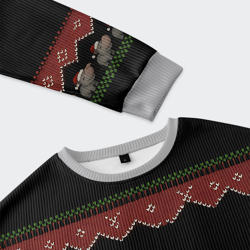 I Want a Moo Deng Christmas Ugly Sweatshirt Close-up of the I Want a Moo Deng Christmas Ugly Sweatshirt's playful hippo graphic and vibrant holiday details.