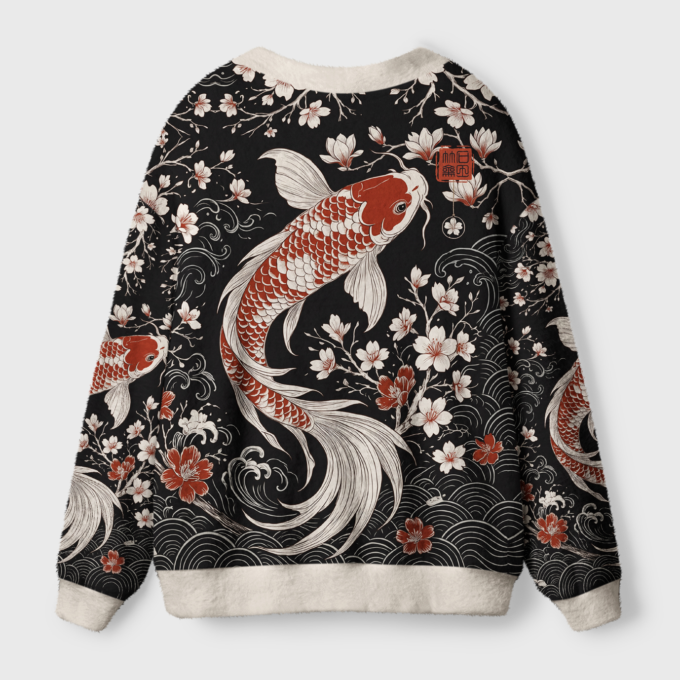 Vintage Sakura Koi Cardigan Sweater | Japanese Floral Design Back view of the vintage sakura koi cardigan sweater showcasing intricate floral patterns and soft texture.
