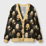 Front view of the no hope but a cat cardigan sweater featuring a playful cat design in warm tones.