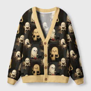 Front view of the no hope but a cat cardigan sweater featuring a playful cat design in warm tones.