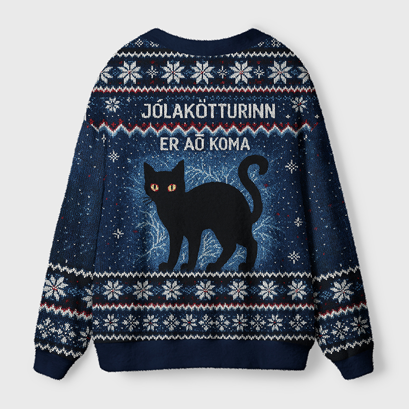 Yule Cat Cardigan Sweater | Cozy Festive Design Back view of the yule cat cardigan sweater featuring festive snowflakes and a cozy fit, perfect for winter wear.