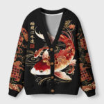 Koi fish watercolor cardigan sweater in black, featuring vibrant koi designs on the front, perfect for art lovers.