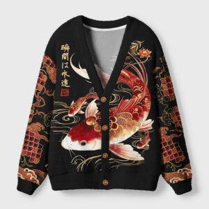Koi fish watercolor cardigan sweater in black, featuring vibrant koi designs on the front, perfect for art lovers.