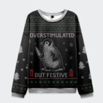 Front view of the overstimulated but festive Christmas ugly sweatshirt featuring a penguin design on a black base.