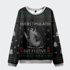 Front view of the overstimulated but festive Christmas ugly sweatshirt featuring a penguin design on a black base.