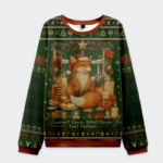 Front view of a green ugly sweatshirt featuring a fox, cookies, and candles, perfect for the holidays.