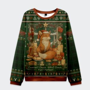 Front view of a green ugly sweatshirt featuring a fox, cookies, and candles, perfect for the holidays.