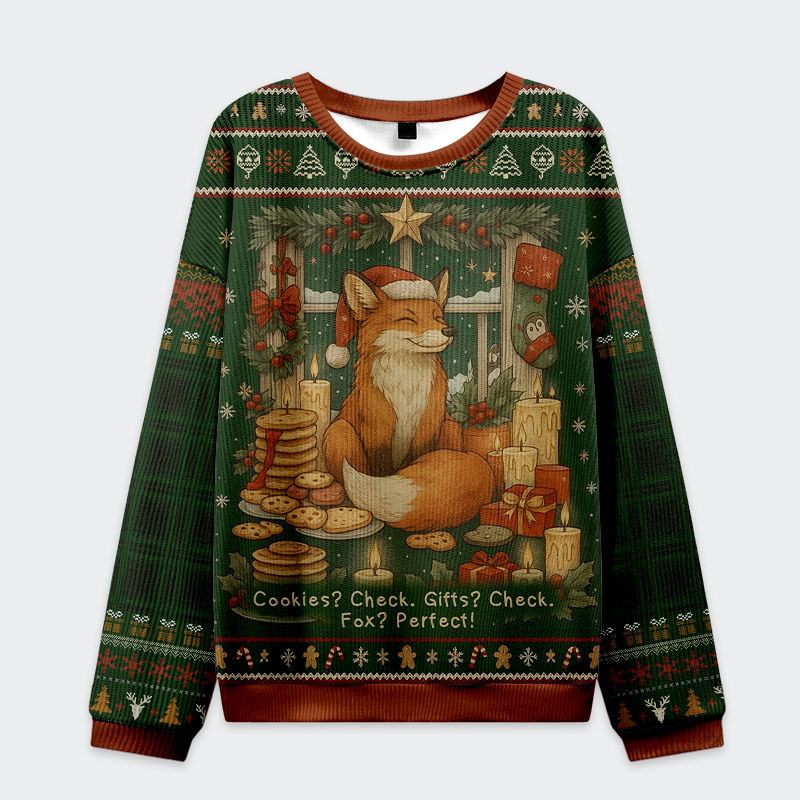 Cookies, Candles, and a Foxy Holiday Sweatshirt Front view of a green ugly sweatshirt featuring a fox, cookies, and candles, perfect for the holidays.