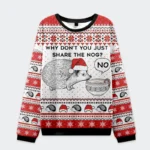 Front view of the hedgehog rejection christmas ugly sweatshirt featuring a festive design in red and white.