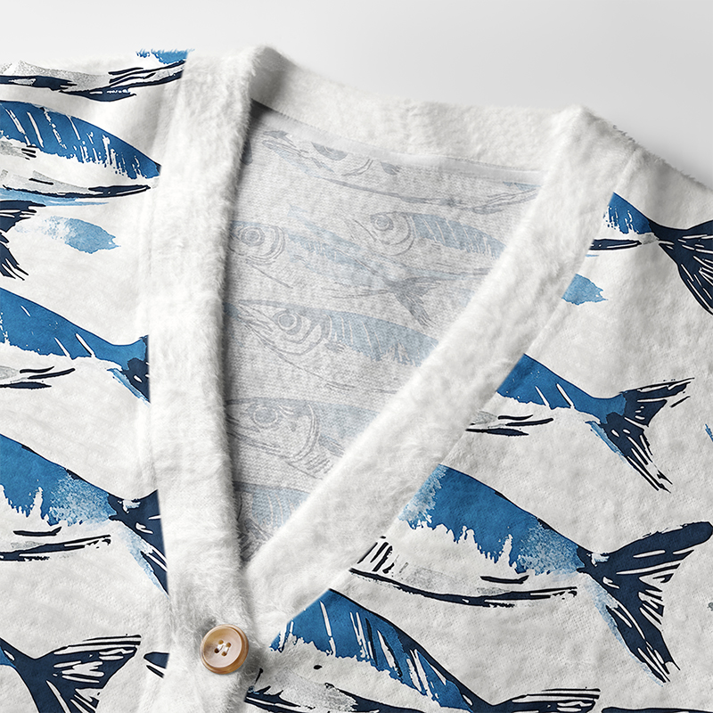 Oceanic Fish Cardigan Sweater | Sea Life Design Close-up detail of the oceanic fish cardigan sweater highlighting the soft texture and unique fish patterns.