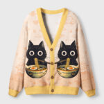 Front view of the cat ramen feast cardigan sweater featuring cute cat graphics and a cozy yellow trim.