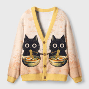 Front view of the cat ramen feast cardigan sweater featuring cute cat graphics and a cozy yellow trim.