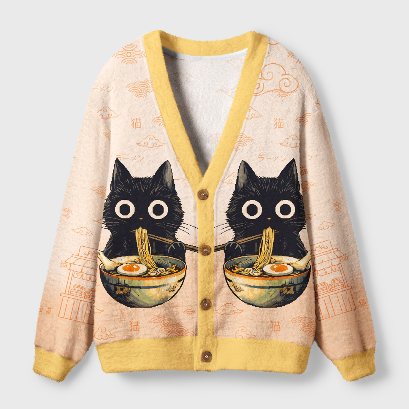 Cat Ramen Feast Cardigan Sweater Front view of the cat ramen feast cardigan sweater featuring cute cat graphics and a cozy yellow trim.