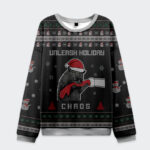 Front view of the funny cat unleash holiday chaos sweatshirt in black with festive cat design and holiday patterns.