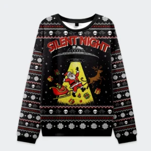 Front view of the black Santa Claus was kidnapped by aliens sweatshirt featuring festive graphics and colorful design element