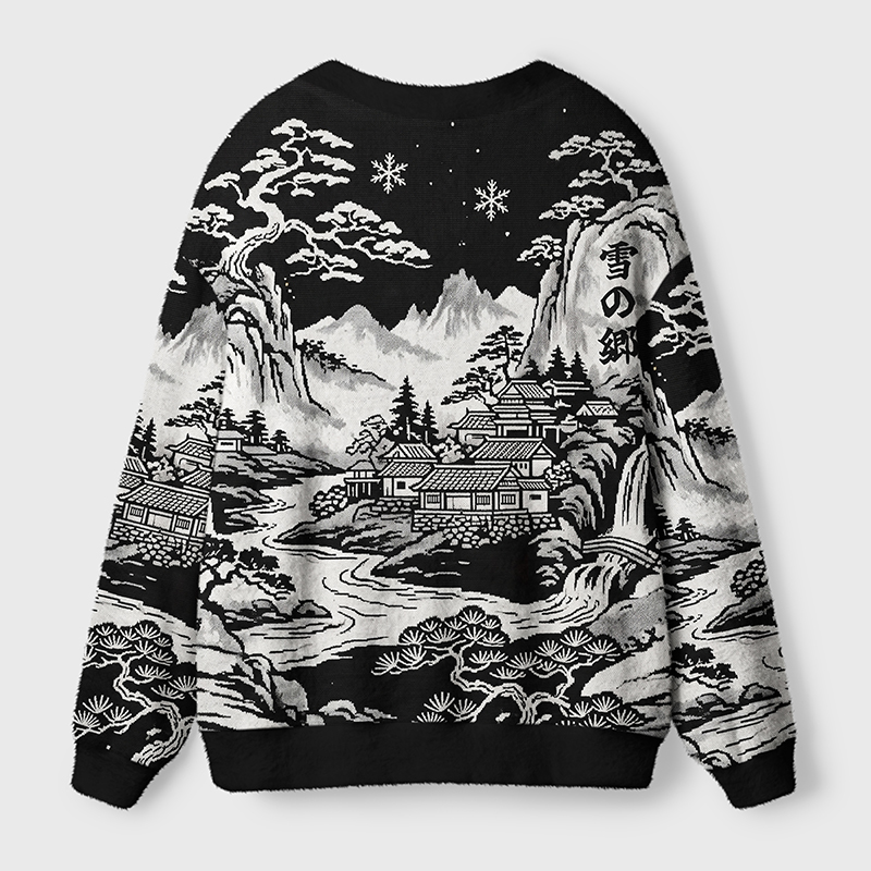 Land of Falling Snow Cardigan Sweater Back view of the land of falling snow cardigan sweater highlighting its cozy fabric and intricate snowy scene.