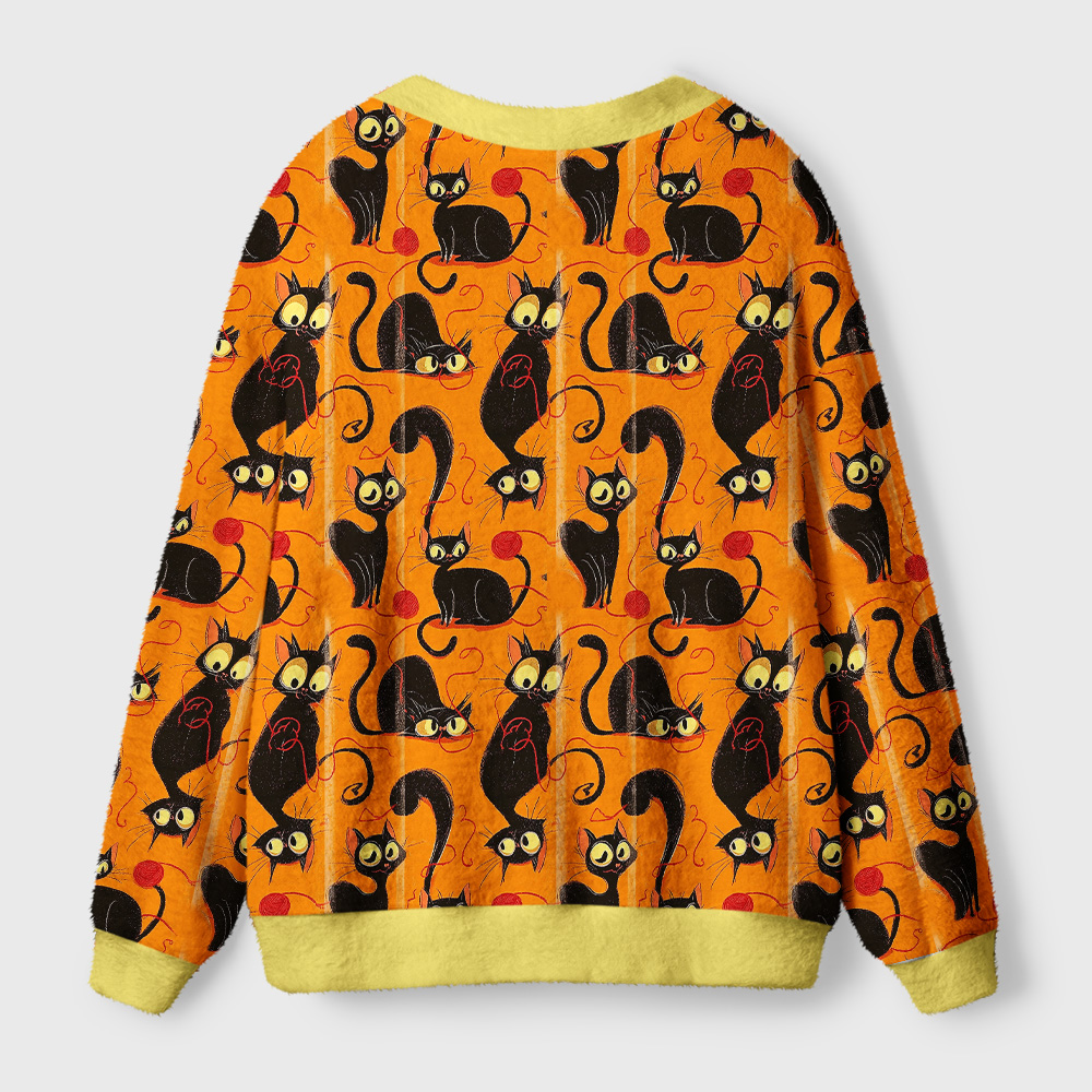 Prowling Cats Cardigan Sweater | Artistic Cat Pattern Back view of the prowling cats cardigan sweater showcasing its cozy fit and vibrant artistic cat pattern.
