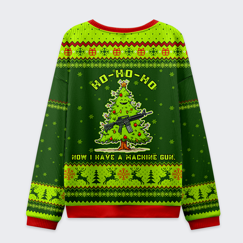 Ho Ho Ho Now I Have a Machine Gun Sweatshirt Back view of the Christmas-themed sweatshirt showcasing colorful patterns and the 'Ho Ho Ho, Now I Have a Machine Gun' text.