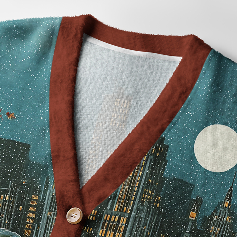 Cozy Winter City Cardigan Sweater | Urban Style Close-up detail of cozy winter city cardigan sweater's intricate design, highlighting the soft fabric and unique urban patter