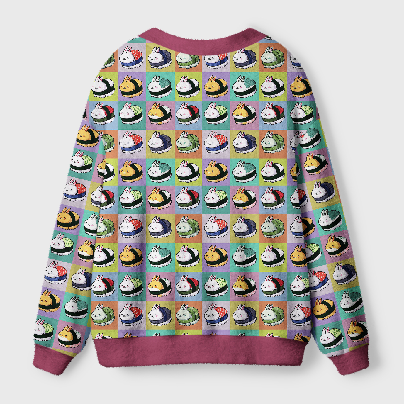 Bunny Sushi Cardigan Sweater | Cute Animal Design Detailed view of the bunny sushi cardigan sweater showcasing vibrant colors and cute bunny sushi illustrations.