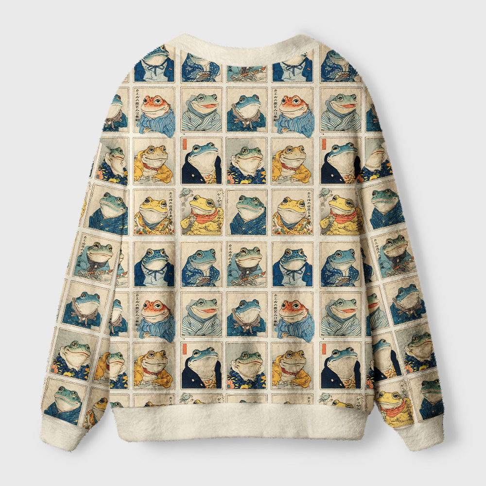 Watching Frogs Cardigan Sweater Back view of the Watching Frogs Cardigan Sweater showcasing the cozy fabric and unique frog print.