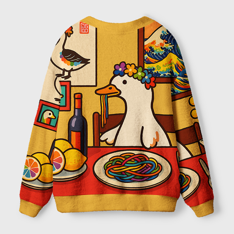 Spaghetti Goose Cardigan Sweater | Funny Animal Design Back view of the spaghetti goose cardigan sweater showcasing its playful print and cozy fit.