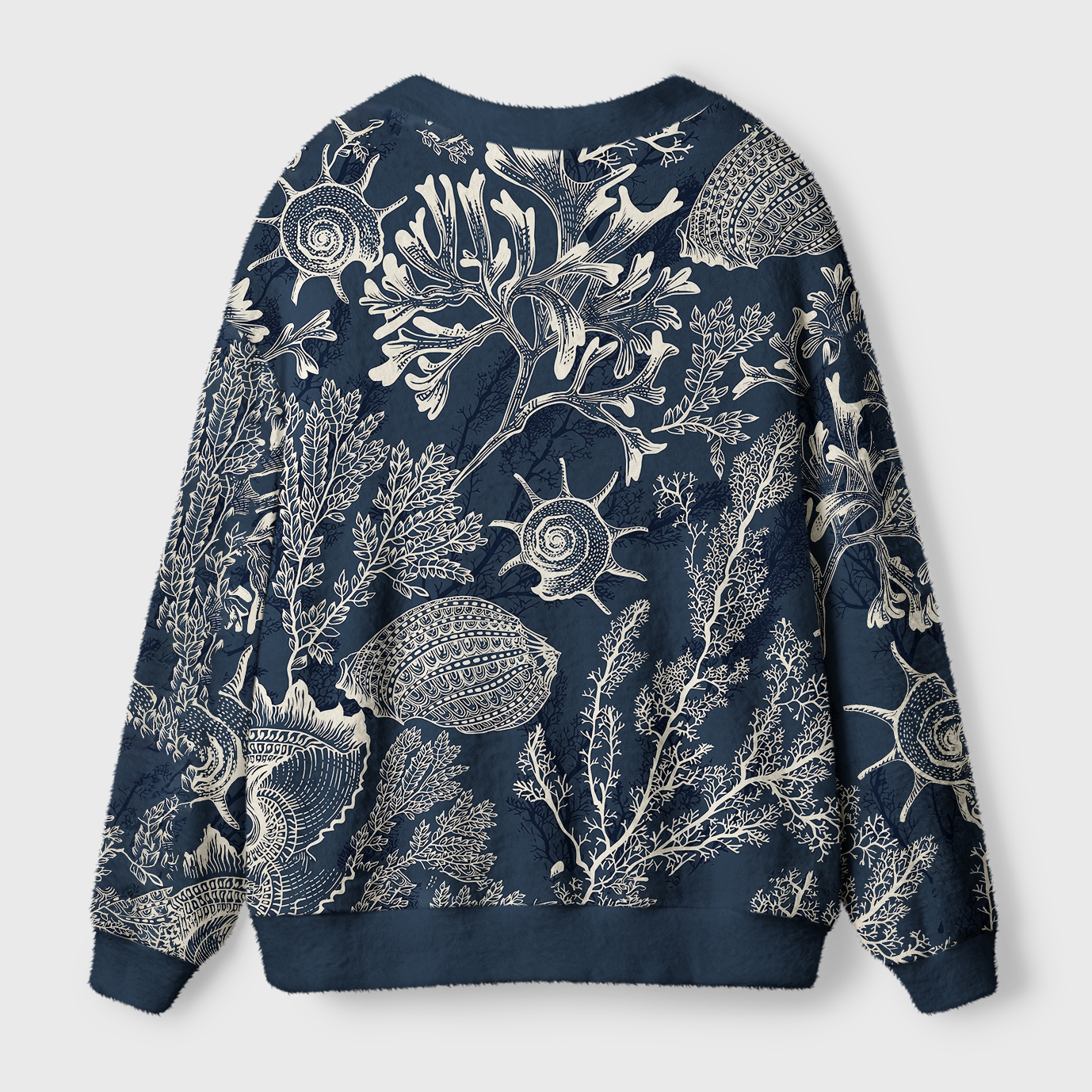 Marine Mystery Cardigan Sweater | Ocean Animal Design Back view of the marine mystery cardigan sweater showcasing intricate ocean-themed patterns and cozy fit.