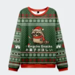 Front view of the raccoons need snacks funny Christmas ugly sweatshirt, featuring a cute raccoon design in green.