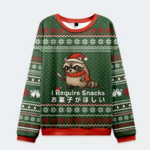 Front view of the raccoons need snacks funny Christmas ugly sweatshirt, featuring a cute raccoon design in green.