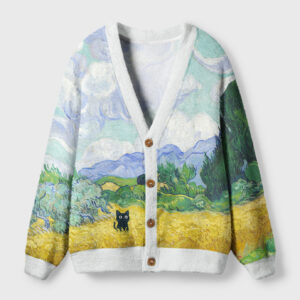 Front view of the black cat wheat field cardigan showcasing its artistic cat design and vibrant colors.