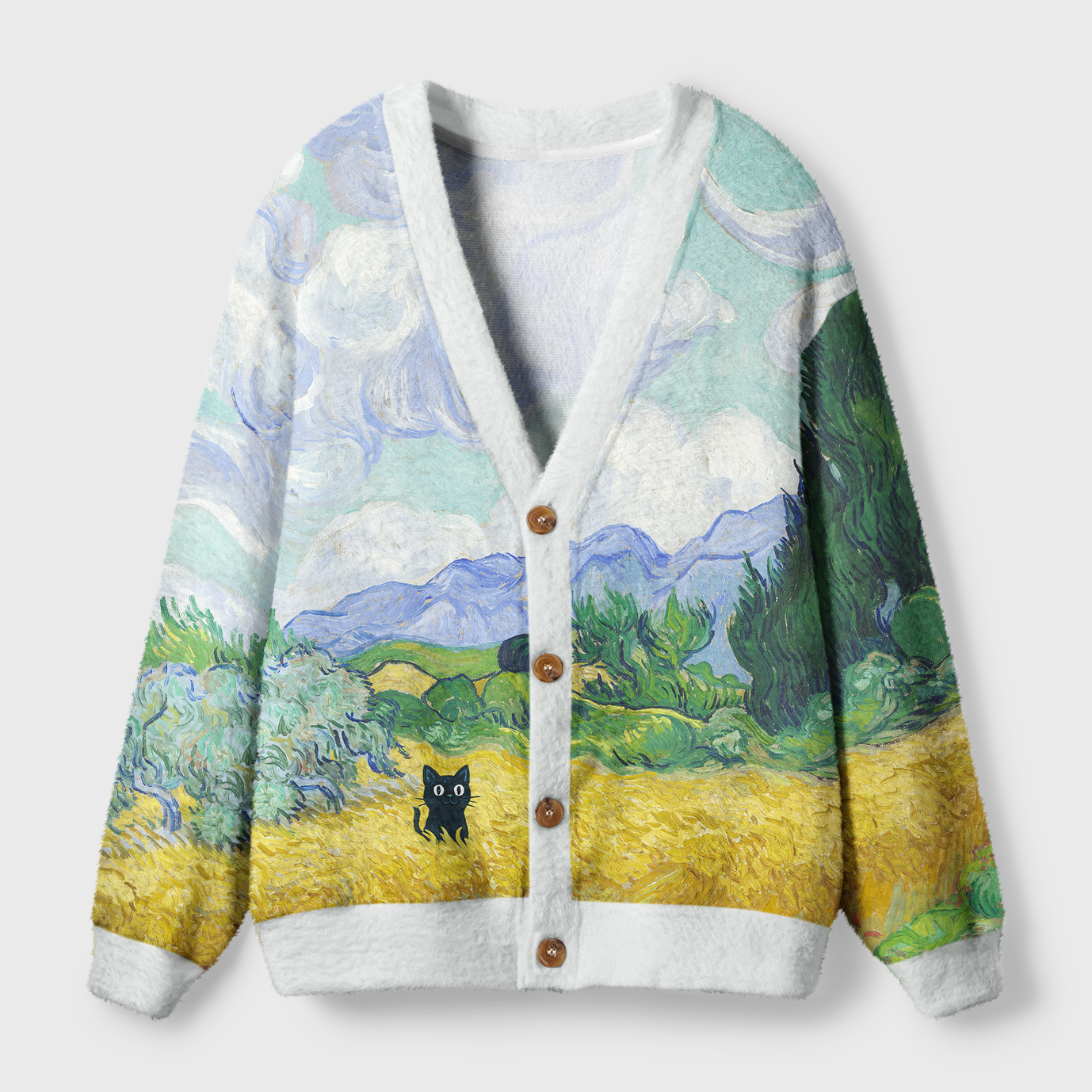 Black Cat Wheat Field Cardigan | Artistic Cat Design Front view of the black cat wheat field cardigan showcasing its artistic cat design and vibrant colors.