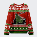 Red Christmas ugly sweatshirt featuring playful cats and a tree design, showcasing the text 'What?'