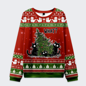 Red Christmas ugly sweatshirt featuring playful cats and a tree design, showcasing the text 'What?'