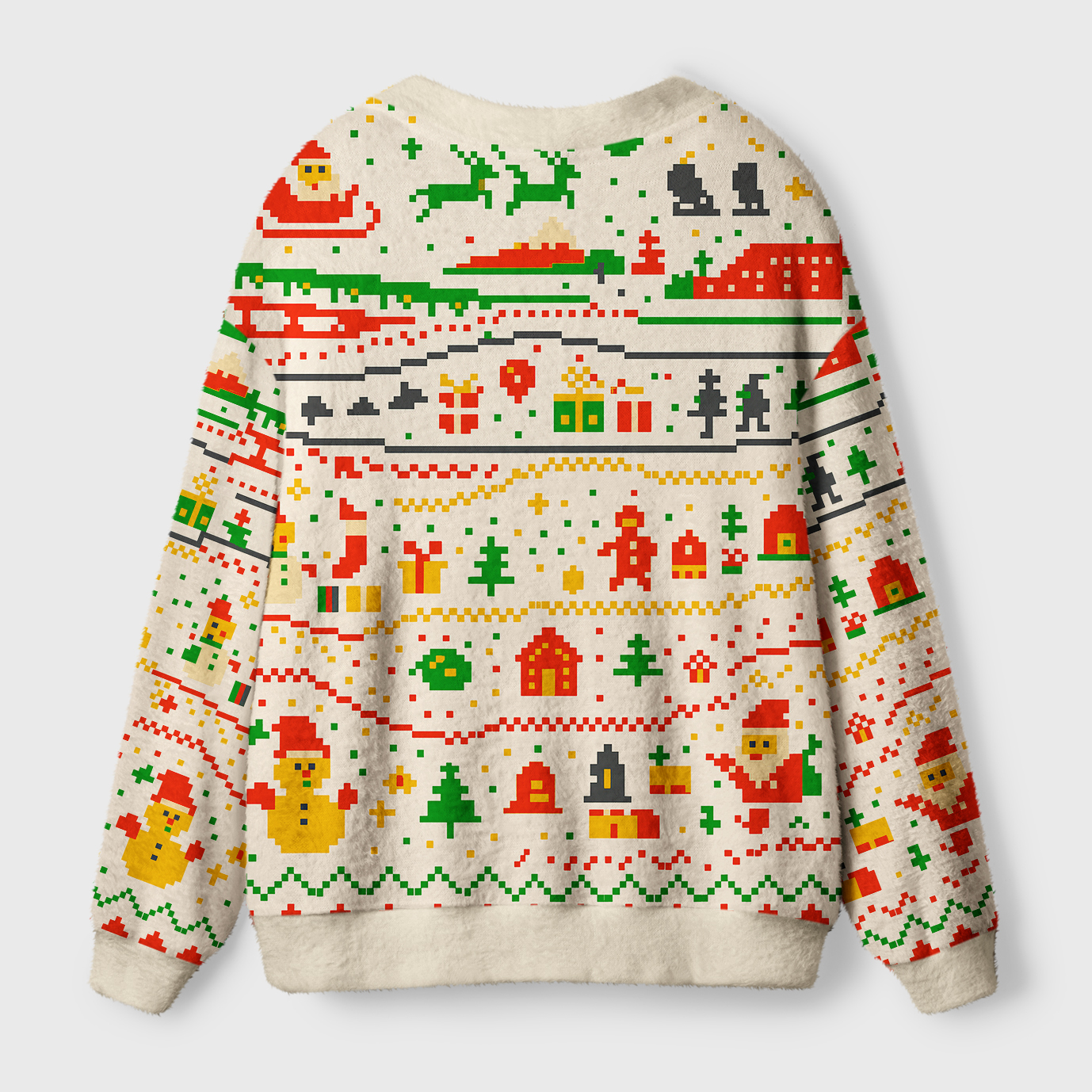 Pixel Christmas Cardigan Sweater | Retro Holiday Design Back view of the pixel Christmas cardigan sweater showcasing vibrant pixel art patterns perfect for festive occasions.