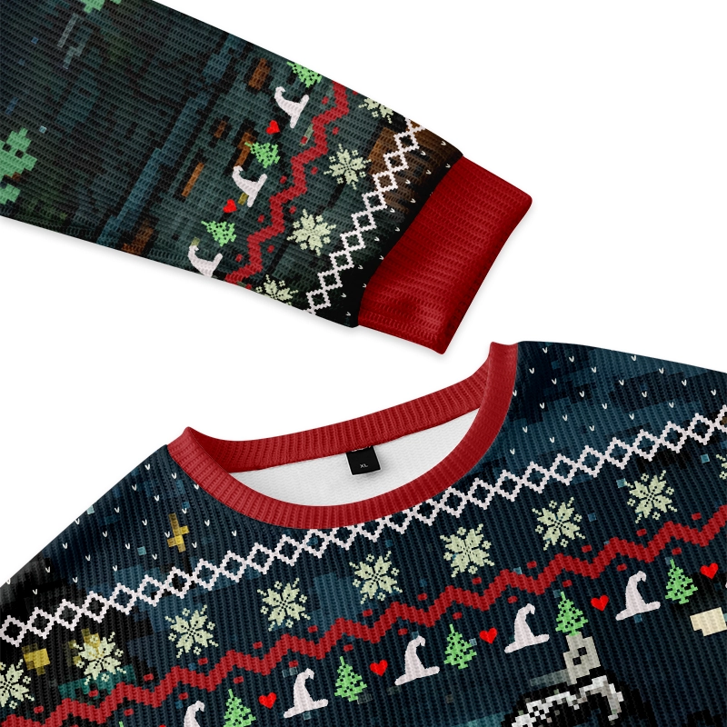 Funny Frog Ride Christmas Ugly Sweatshirt Close-up of the funny frog ride Christmas ugly sweatshirt highlighting the intricate design and playful colors.