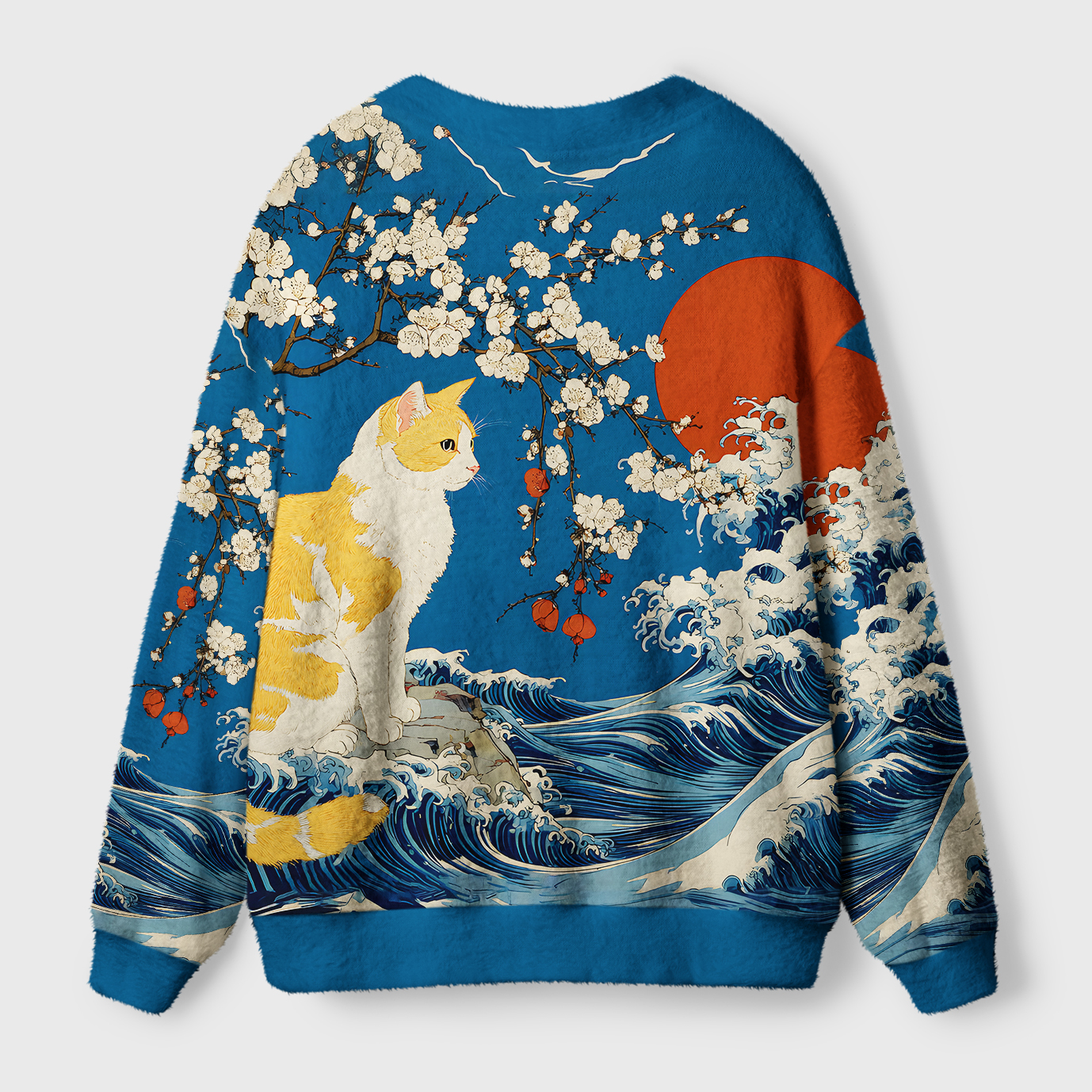 Waves and Cats Cardigan Sweater | Japanese Cat Design Back view of the waves and cats cardigan sweater showcasing the intricate wave pattern and colorful cherry blossoms.