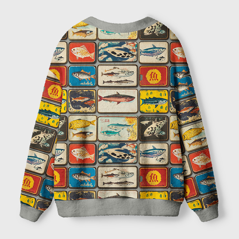 Vintage Fish Collection Cardigan | Retro Sea Life Design Back view of the vintage fish collection cardigan highlighting the unique fish patterns and cozy fit.