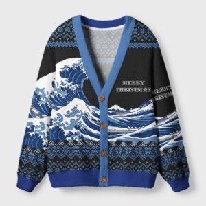 Front view of the holiday ukiyo-e wave cardigan featuring blue waves and a festive design.