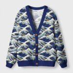 Front view of the Japanese Great Wave Cardigan Sweater featuring a vibrant blue wave pattern.